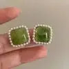 Dainty Square Green and Pearl Ear Studs - Deepika's Adornments