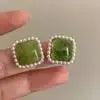 Dainty Square Green and Pearl Ear Studs - Deepika's Adornments