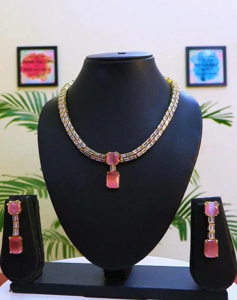 Baby Pink Hydrostone & CZ Double Layer Necklace Set | Gold Tint | Handcrafted Indian Fashions