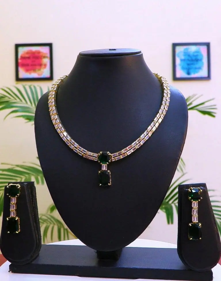 Emerald Hydrostone & CZ Double Layer Necklace Set | Gold Tint | 24K Gold Plated Indian Fashions