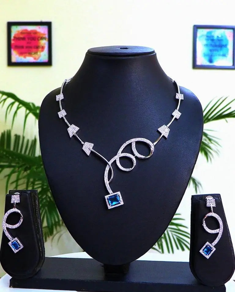 Sky Blue Hydrostone & CZ Geometric Necklace Set | 24K Rhodium Plated Silver | International Quality Indian Fashions