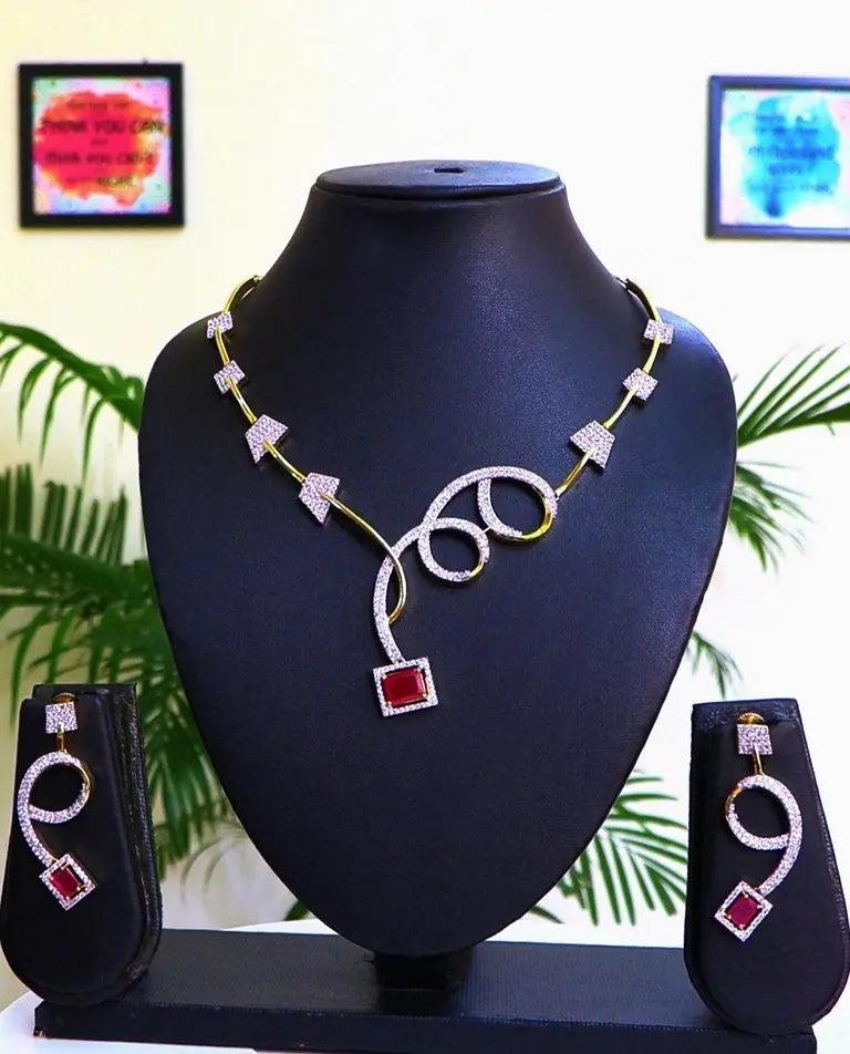 Ruby Red Hydrostone & CZ Geometric Necklace Set | 24K Gold Finish | International Quality Indian Fashions