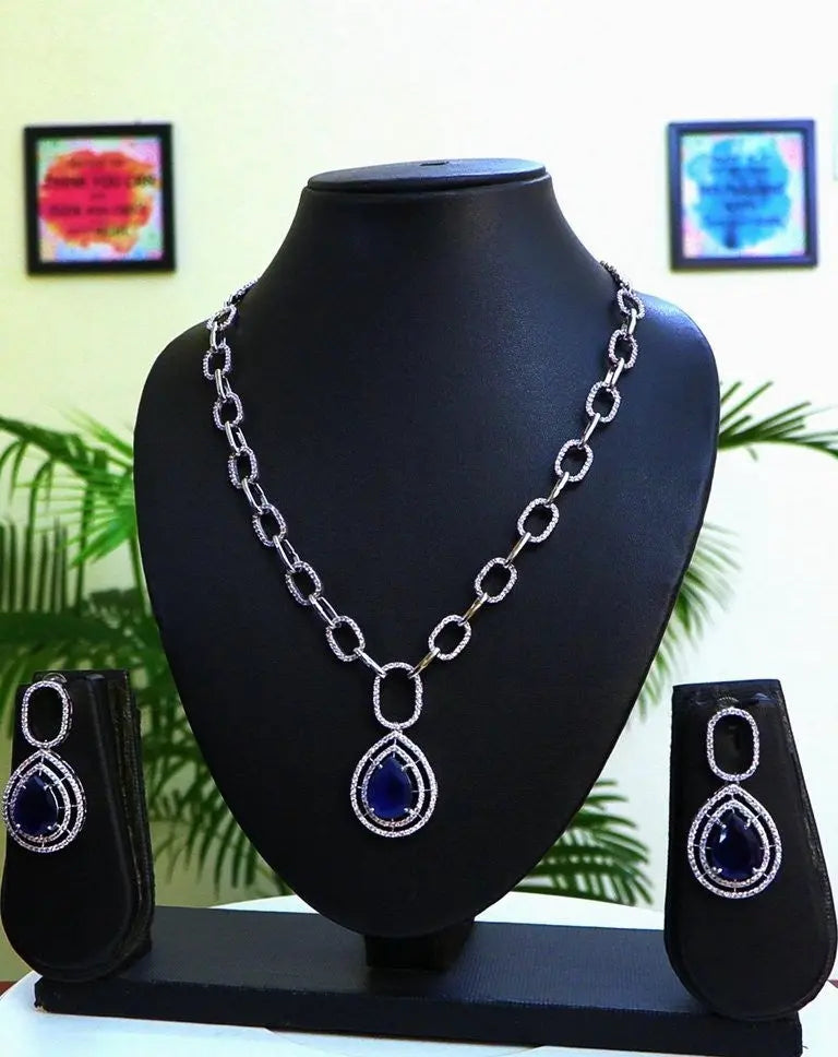 Sapphire Hydrostone & CZ Modern Chain Necklace Set | 24K Rhodium Plated Silver Indian Fashions