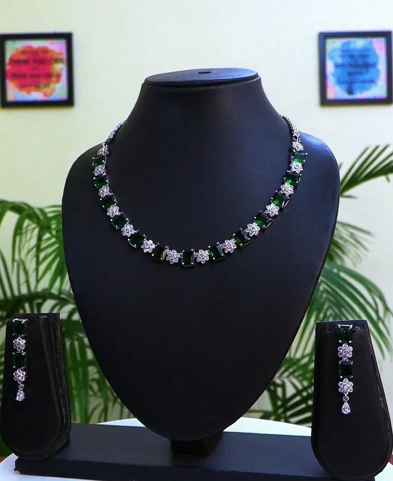 Green Hydrostone & CZ Classic Necklace Set | 24K Rhodium Plated Silver | Party & Festive Indian Fashions