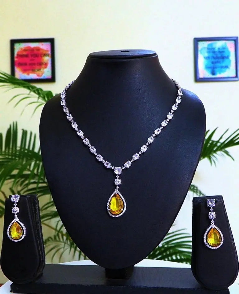 Citrine & CZ Statement Necklace Set | 24K Rhodium Plated Silver Indian Fashions