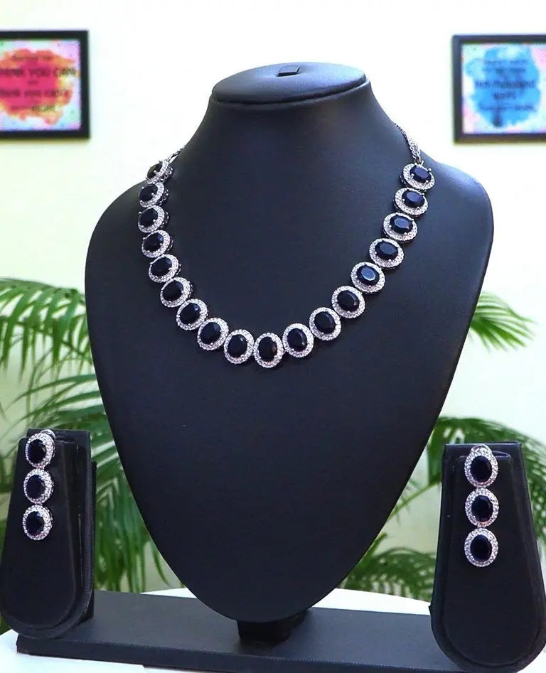 Midnight Blue & CZ Statement Necklace Set | 24K Rhodium Plated Silver Indian Fashions