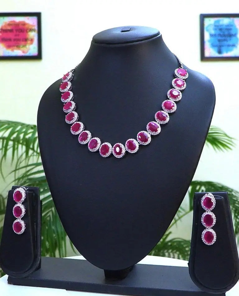 Ruby & CZ Statement Necklace Set | 24K Rhodium Plated Silver Indian Fashions