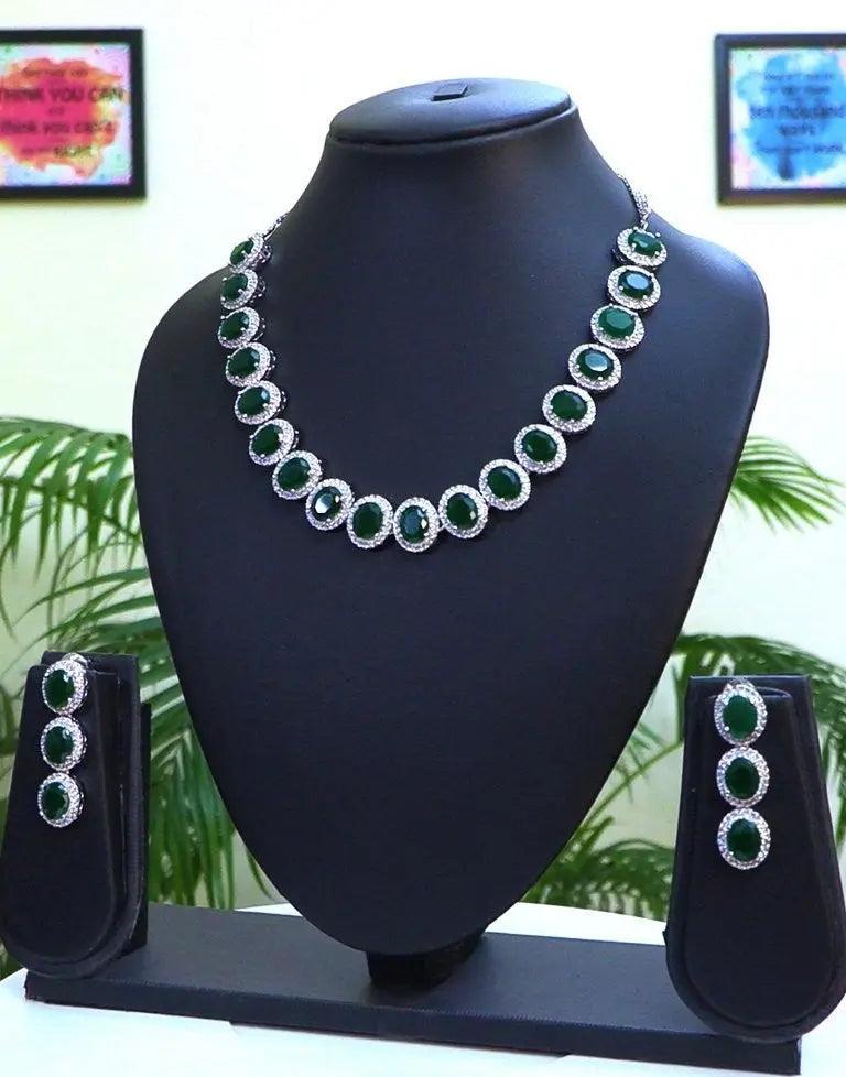 Emerald & CZ Statement Necklace Set | 24K Rhodium Plated Silver Indian Fashions