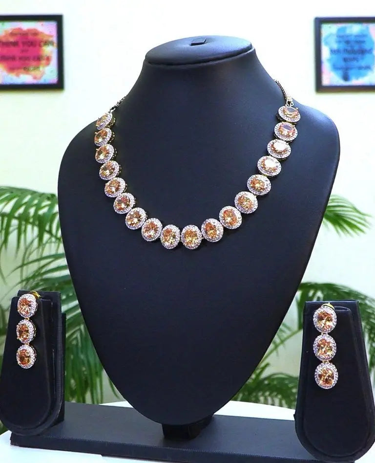 Citrine & CZ Statement Necklace Set | Western & Indian Wear | Silver Tone Indian Fashions