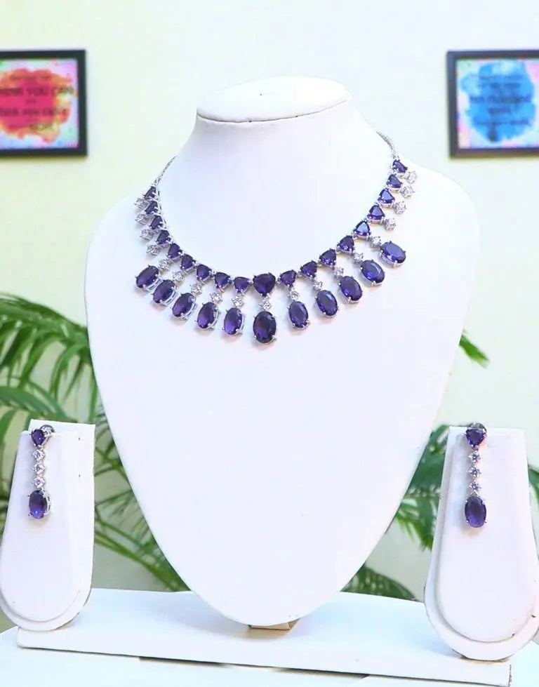2-in-1 Purple Hydrostone & CZ Necklace Set | Choker or Necklace | 24K Rhodium Plated Indian Fashions