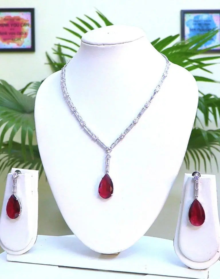 Red & Silver CZ Statement Necklace Set – Large Hydrostone Centerpiece with Baguette Accents Indian Fashions