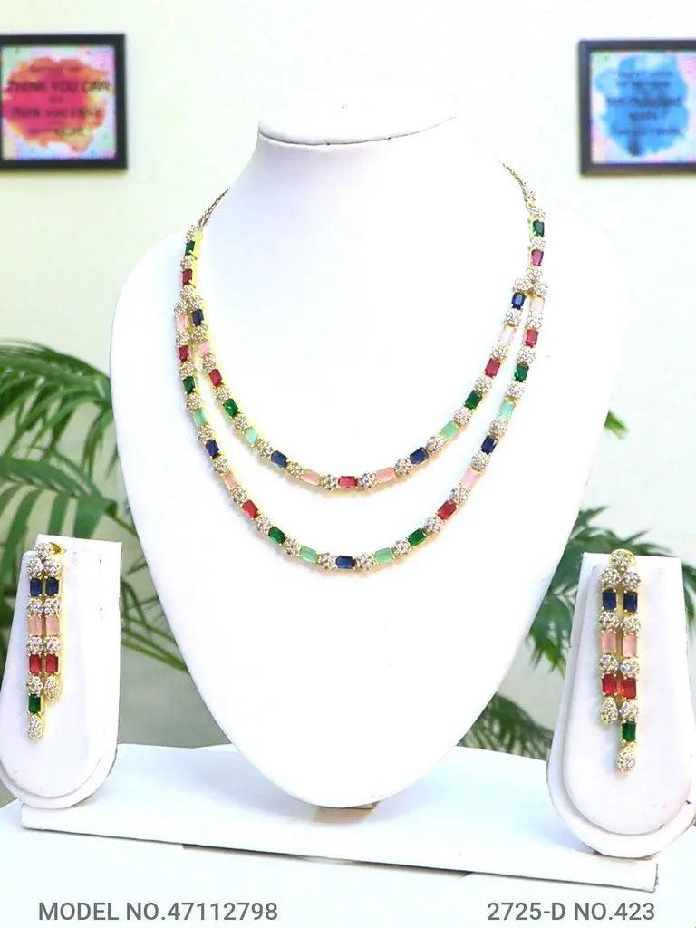 2-Layer Pastel Multi Color Hydrostone & CZ Necklace Set | 24ct Gold Plated Indian Fashions