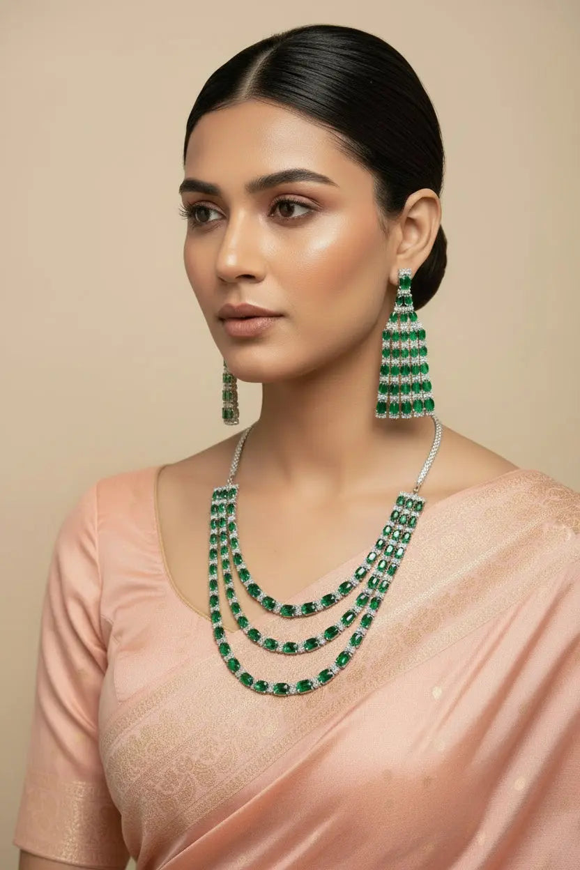 3 layer Green party wear necklace set - Deepika's Adornments