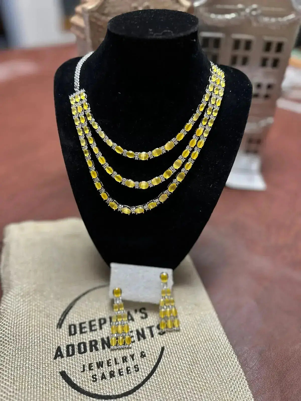 3 layer Yellow party wear necklace set - Deepika's Adornments