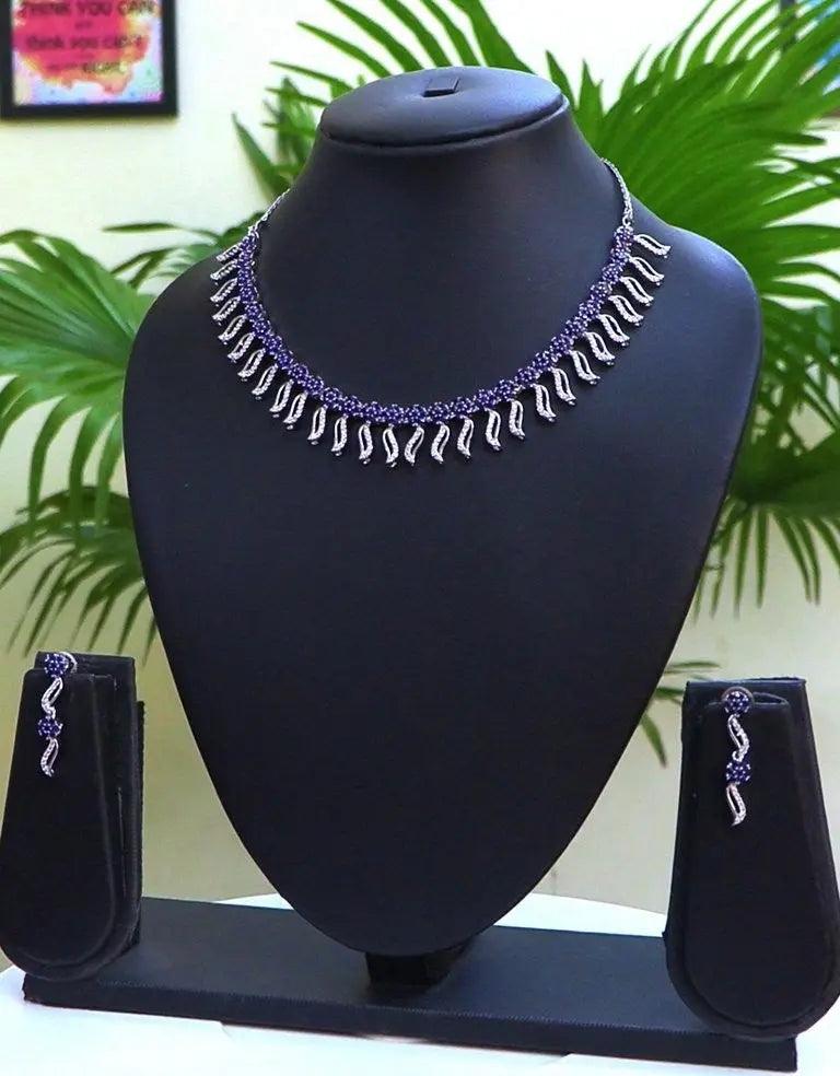 Blue Sapphire Hydrostone and leaf design CZ Choker Necklace Set | 24K Rhodium Plated Indian Fashions