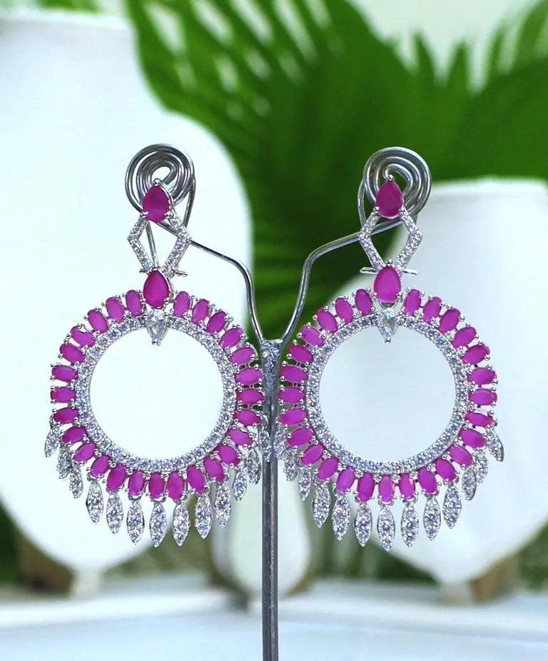 Ruby Round Statement Earrings with CZ Danglers – 24CT Rhodium Plated Indian Fashions