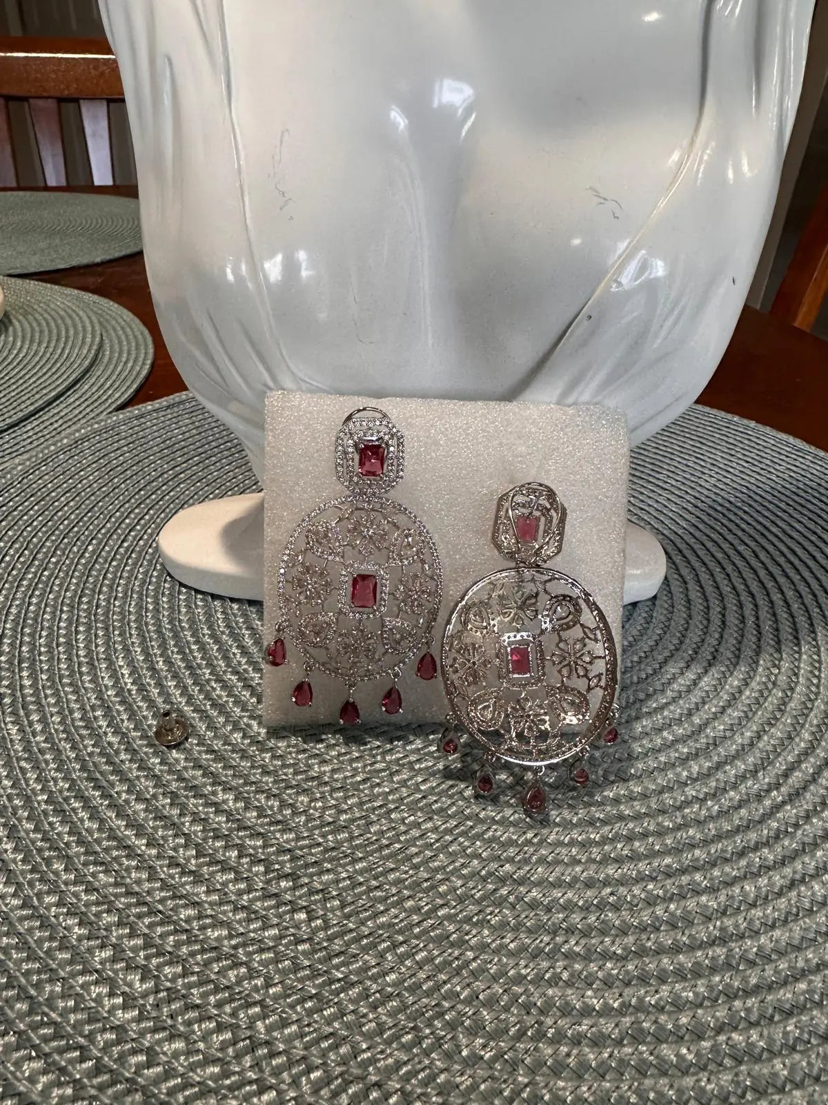 Red & Silver Oval CZ Statement Earrings – AAA Star-Cut Stones with 24CT Gold & Rhodium Plating Indian Fashions
