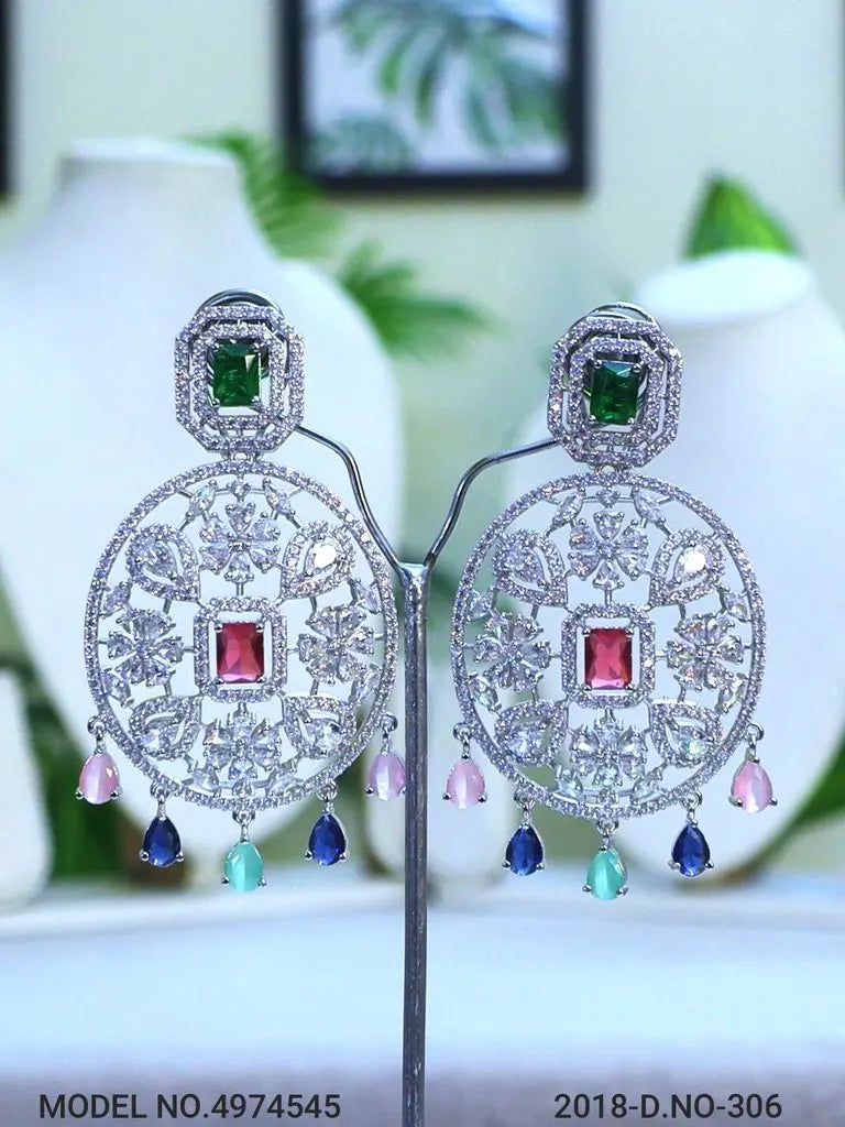 Multicolor Oval CZ Statement Earrings – AAA Star-Cut Stones with 24CT Gold & Rhodium Plating Indian Fashions