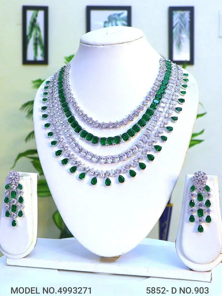 CZ Necklace Set-Statement-Green Indian Fashions