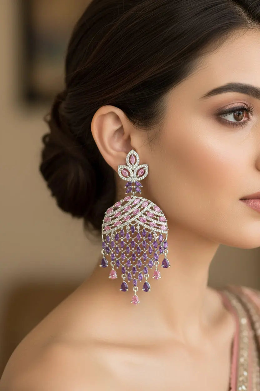 Statement CZ Earrings-Purple and Pink - Deepika's Adornments
