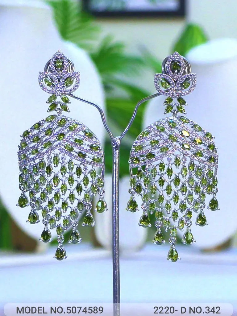 Statement CZ Earrings-Mehndi Green Indian Fashions