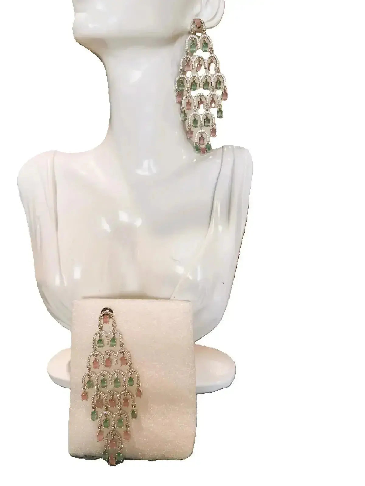 Statement CZ Earrings-Mint and Pink - Deepika's Adornments