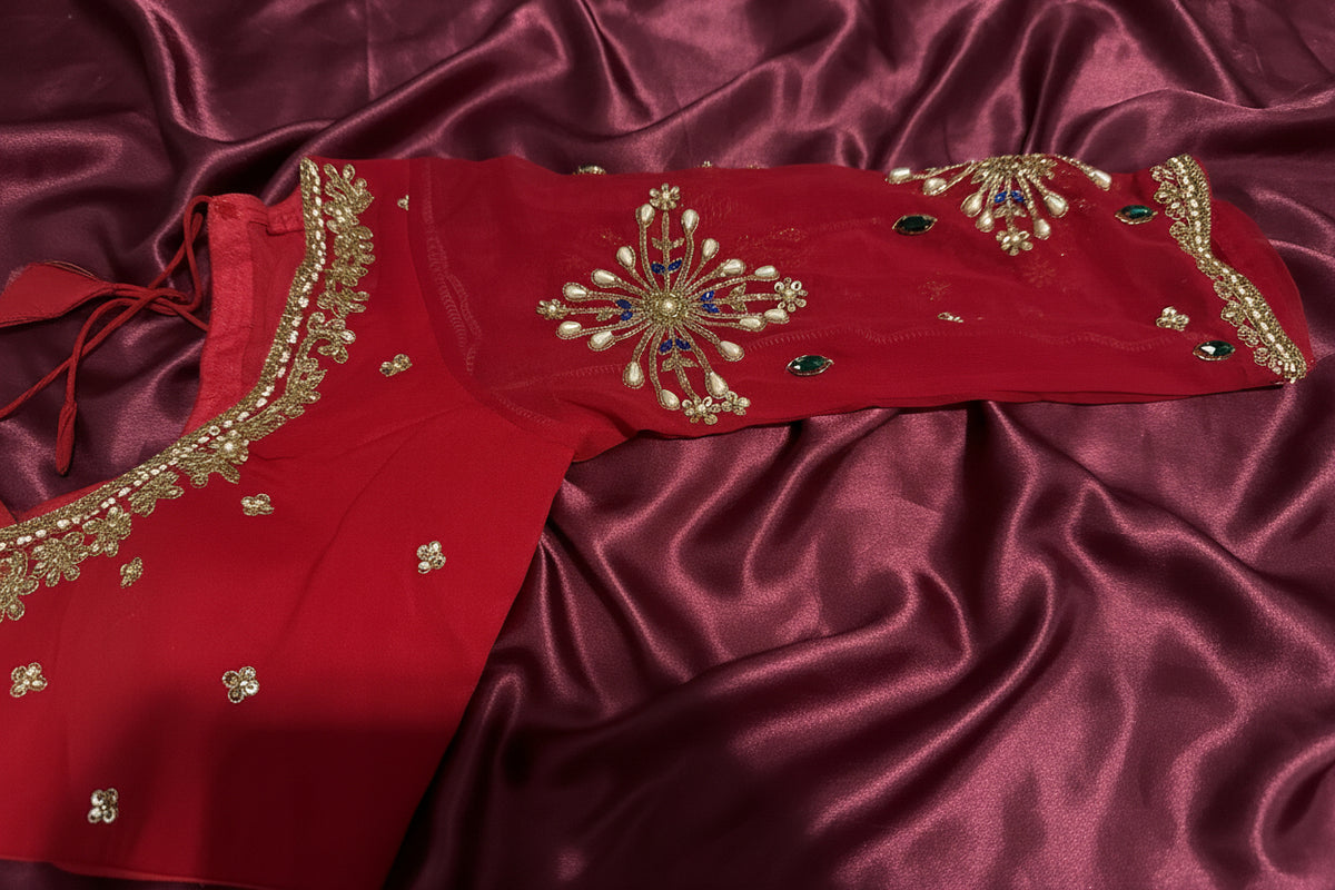 Red Saree with heavy hand work of sequins, pearls, cutdana, dabka work and green stonework Maha Collection