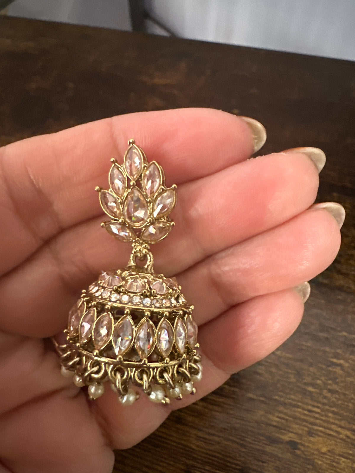Gold Jhumka Earrings with Lotus Fan Stud – Marquise CZ Cage Dome with Pearl Drops | Fashion Jewellery Nikhar Jewelry