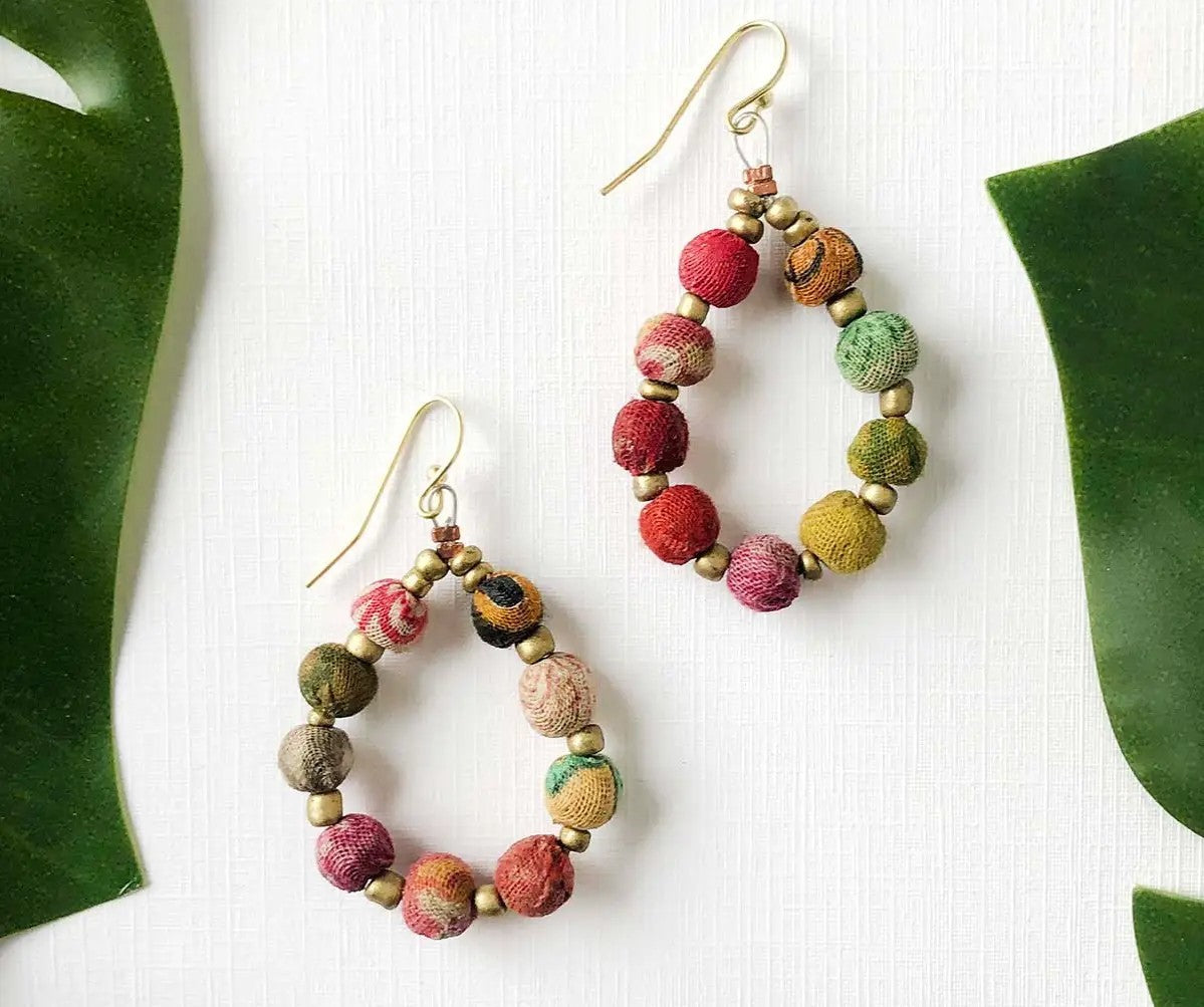Kantha Beaded Teardrop Earrings