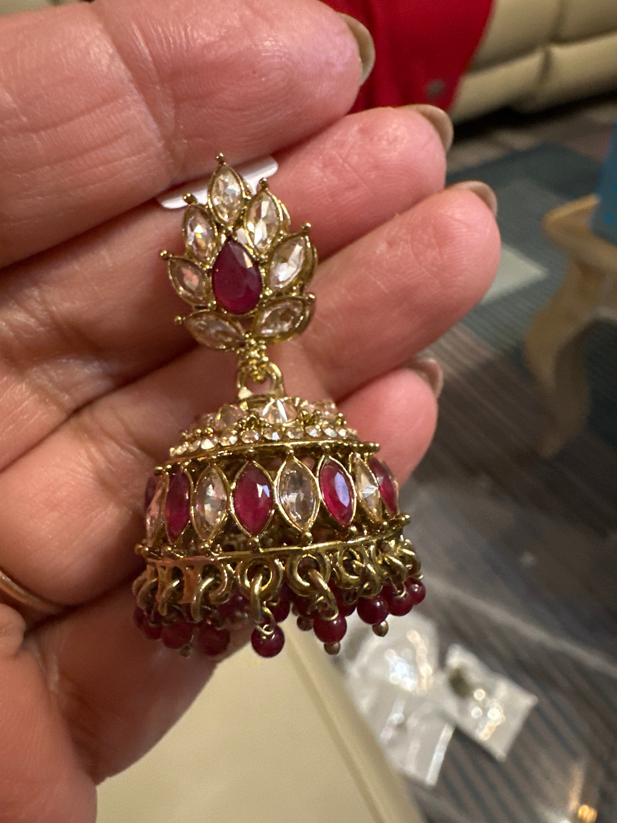 Gold & Ruby-Red Jhumka Earrings – Lotus Fan Stud with Marquise Ruby Dome & Red Bead Drops | Fashion Jewellery Nikhar Jewelry