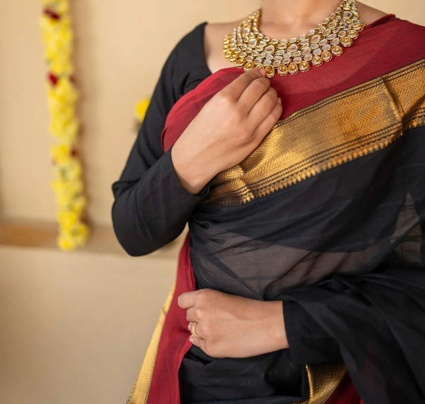Cotton Saree with contrast border Black Red and Gold