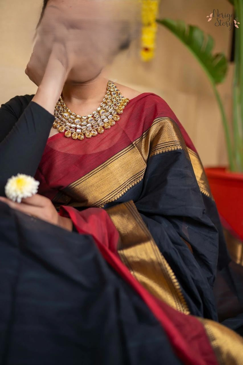 Cotton Saree with contrast border Black Red and Gold