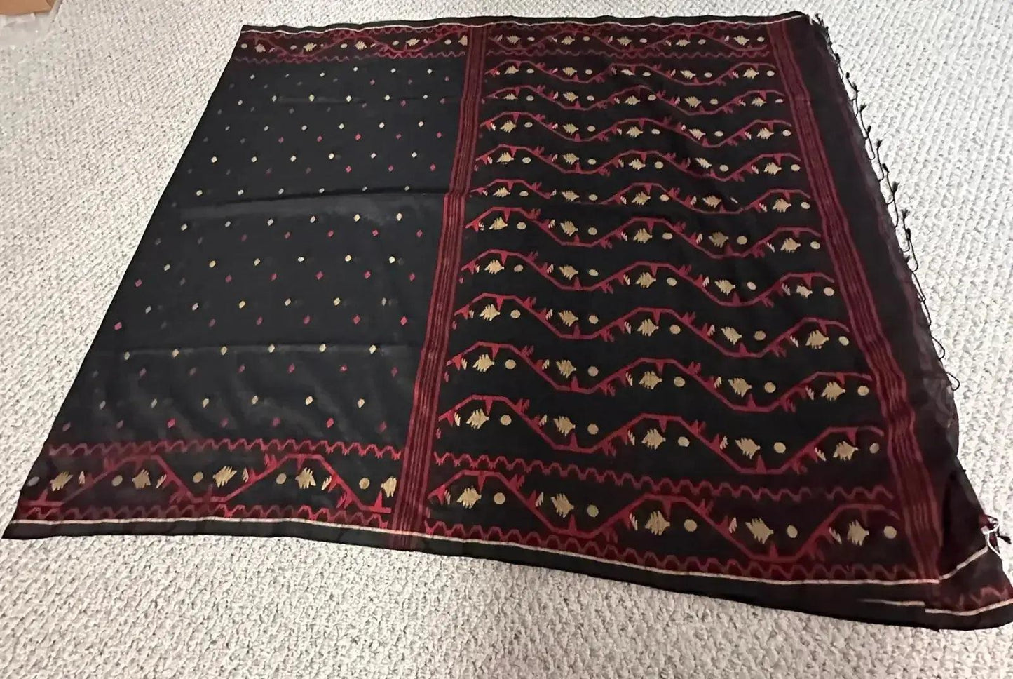 Bengal Handloom Jamdani Saree Black and Red - Deepika's Adornments
