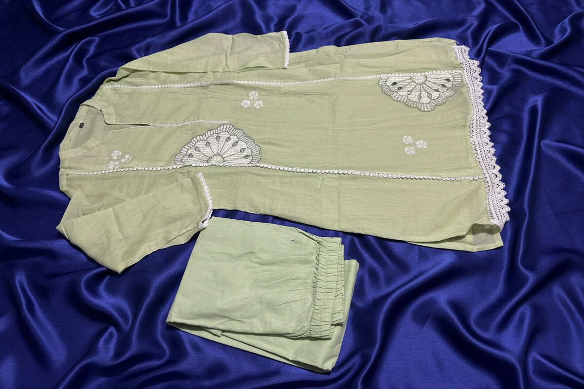 Mint Green Mul Cotton Coord Set - Embroidered Kurti and Straight Pants Raghvi Enterprise