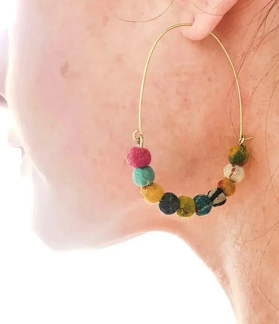 Elongated Kantha Wire Hoops - Deepika's Adornments