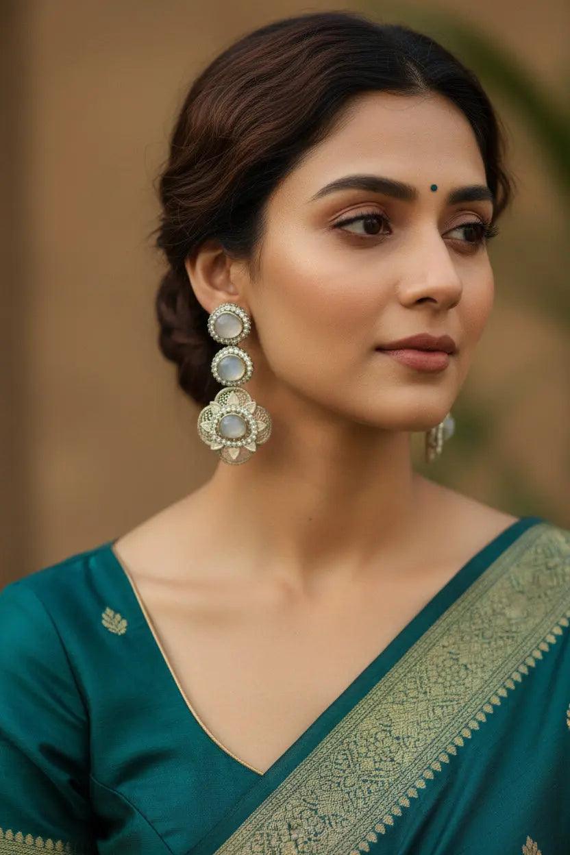 Sky Blue Kundan Long Drop Earrings - Oxidized Silver Ethnic Jewelry Femnari