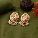 Red Meenakari Oval Stud Earrings with Pearl Drops - Gold Tone Indian Jewelry Femnari