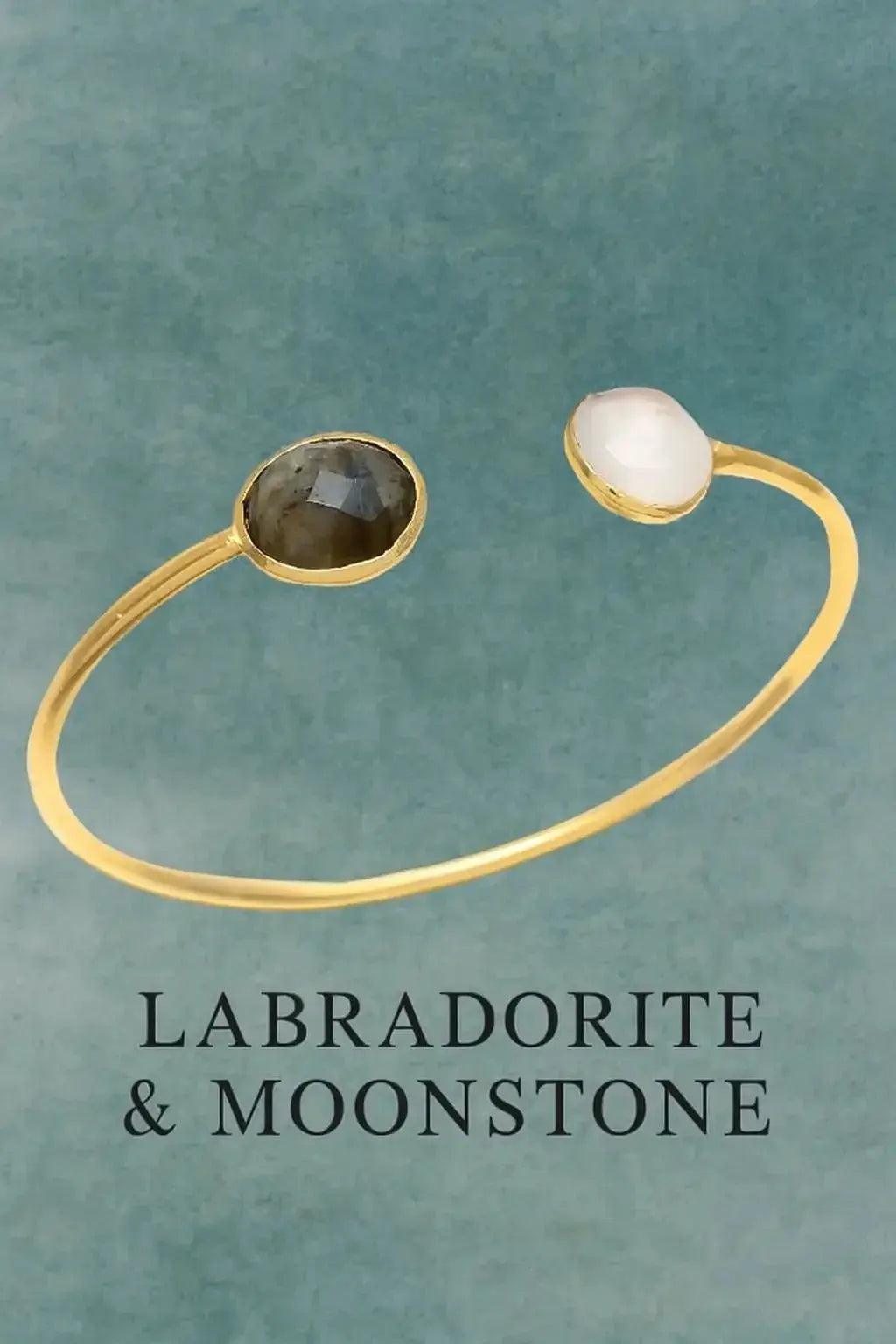 Sterling Silver Bracelet combination of labradorite and moonstone hydro stones and openable