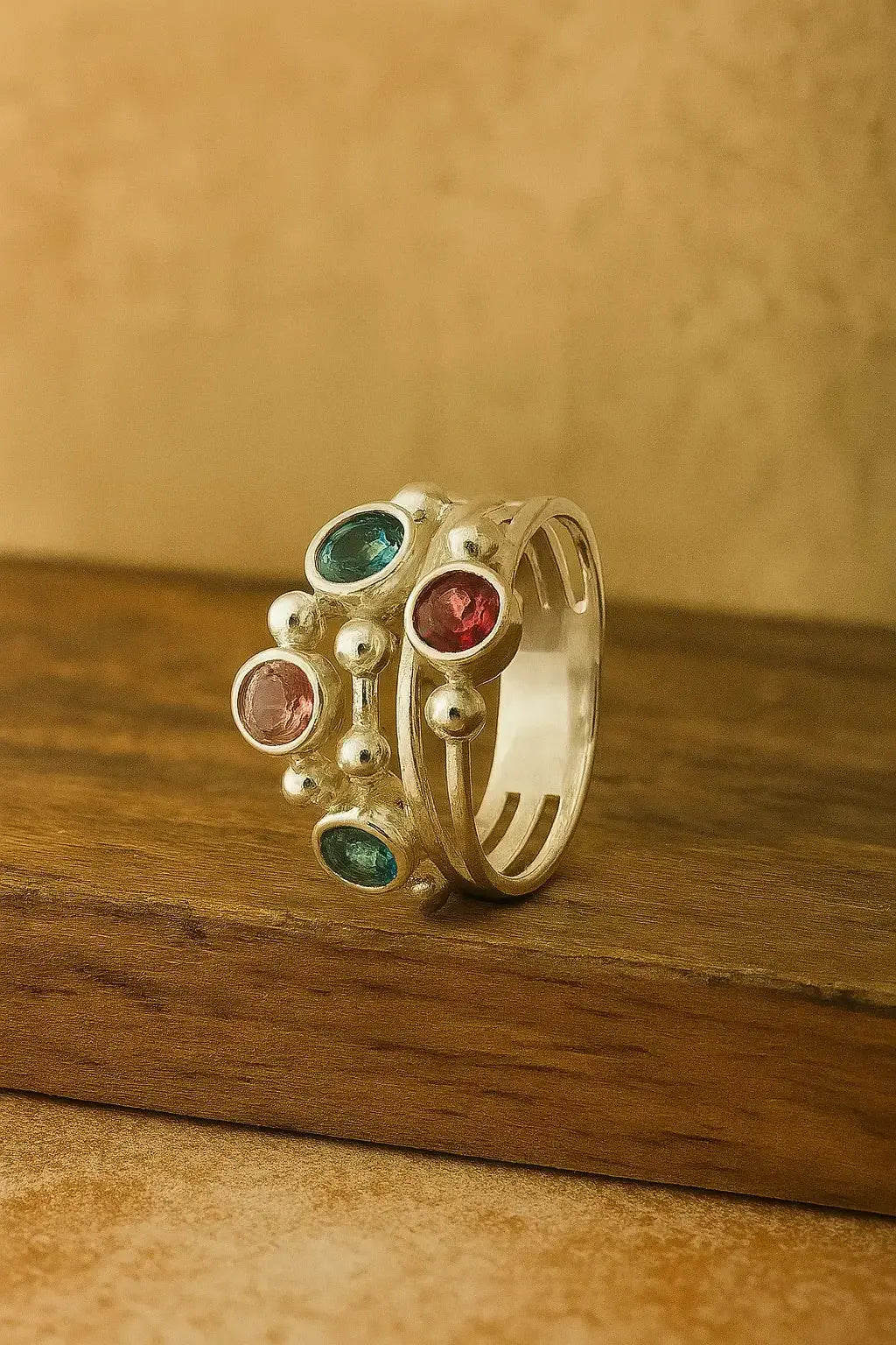Sterling Silver Ring Multi Aqua Ruby - Deepika's Adornments