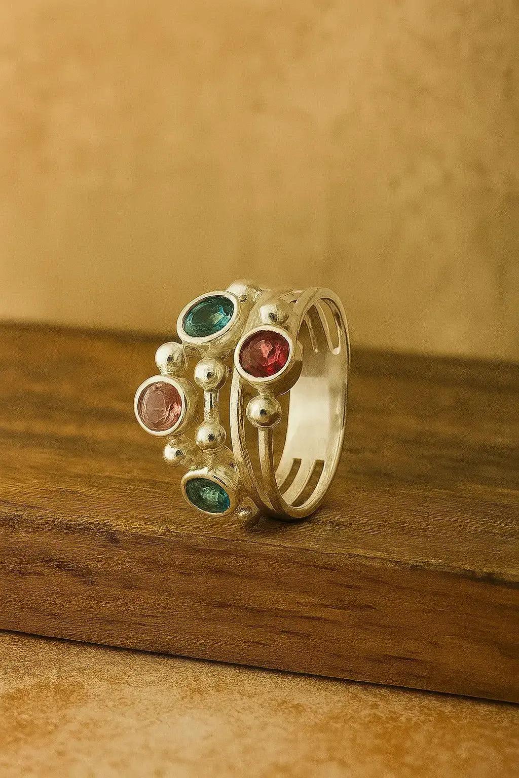 Sterling Silver Ring Multi Aqua Ruby - Deepika's Adornments