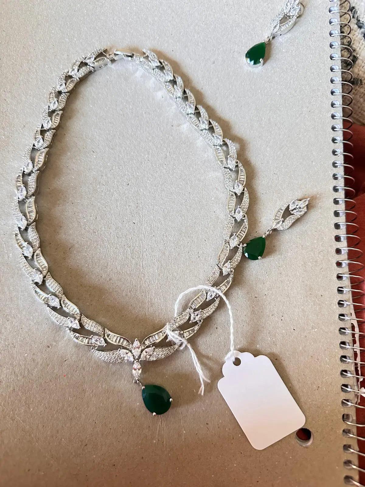 Emerald & CZ Statement Necklace Set | Buggett Design | 24K Rhodium Silver Indian Fashions