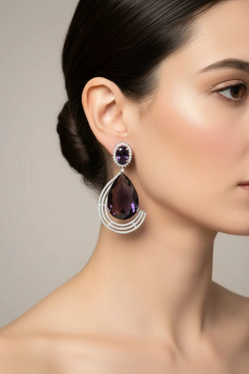 Simply Elegance CZ Earrings – Purple Hydrostone Stone with 24CT Rhodium Plating Indian Fashions