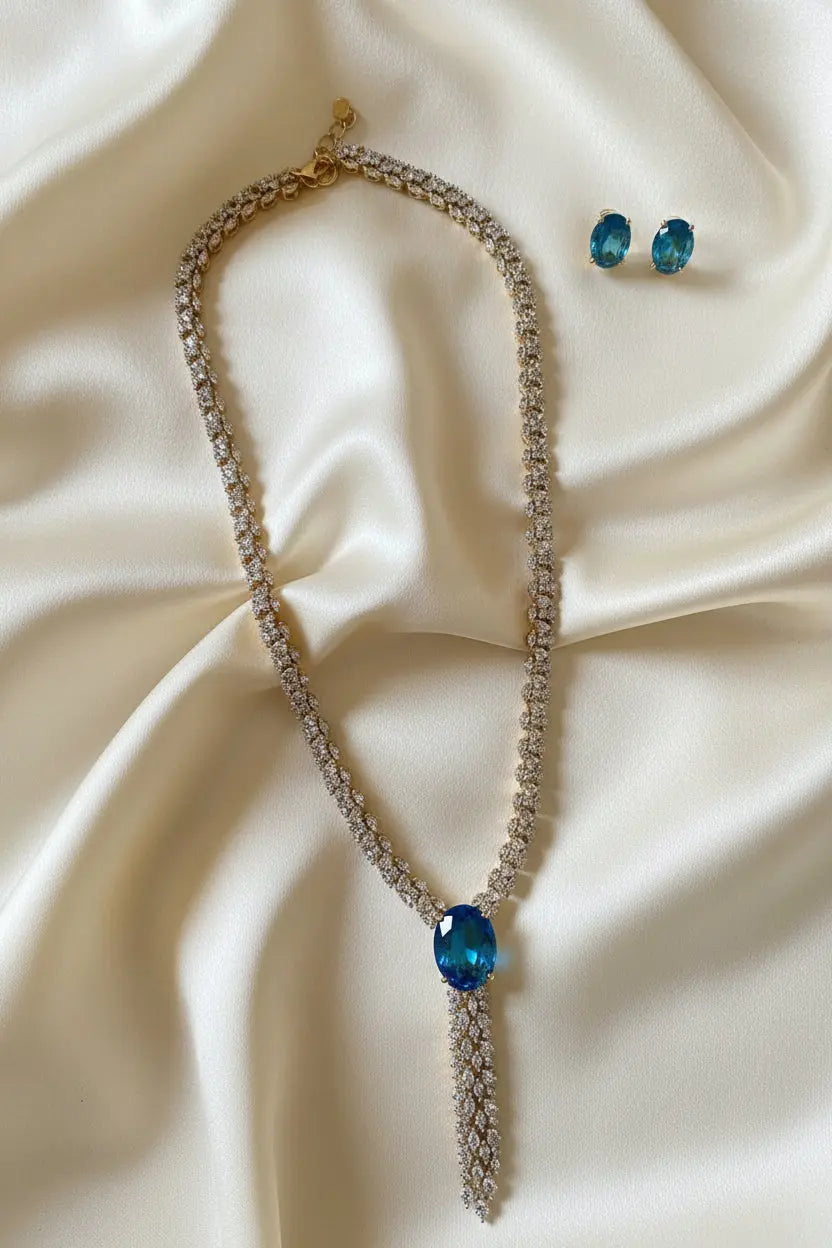 Aqua Blue Hydrostone & CZ Statement Necklace Set | 24ct Gold & Rhodium Plated Indian Fashions
