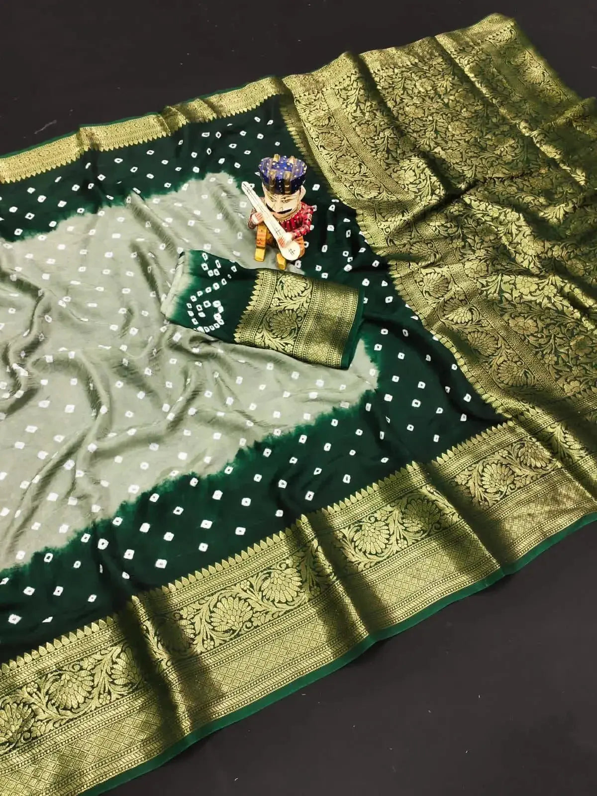 Beautiful Bhandhej Greyish Green with Contrast pallu - Deepika's Adornments