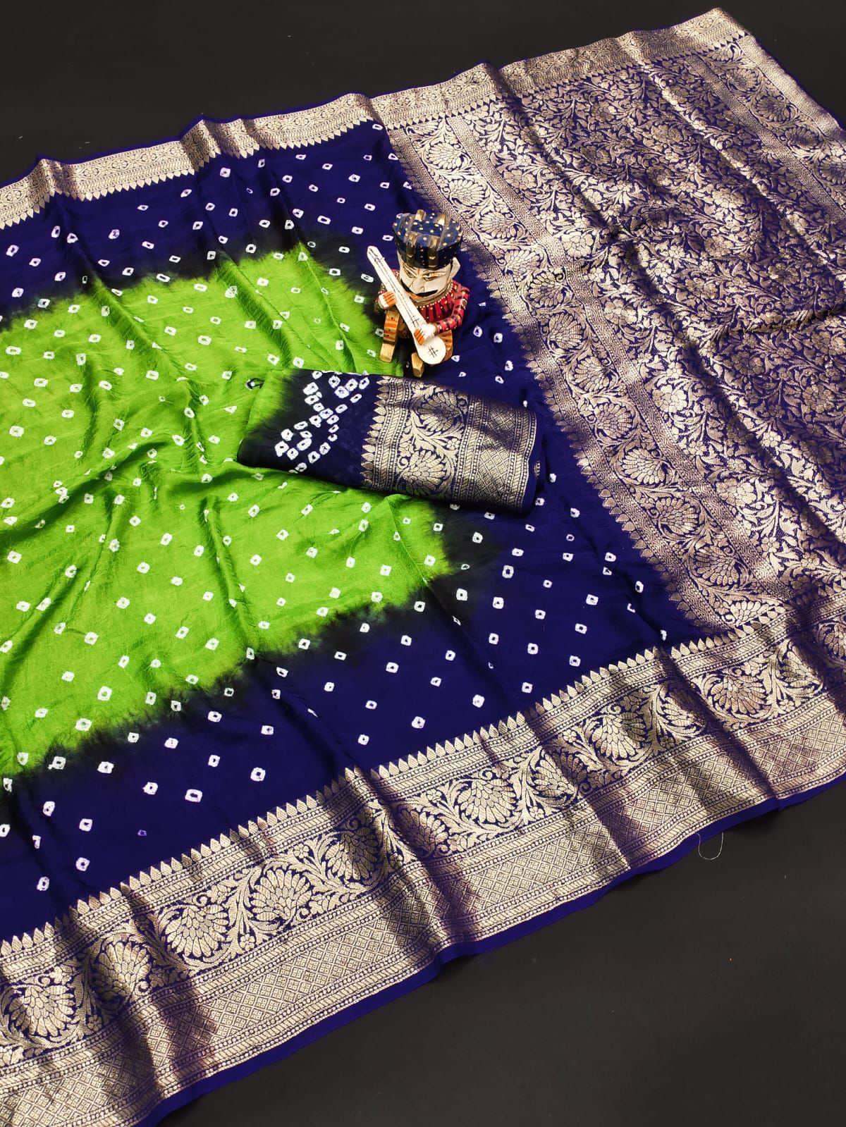 Beautiful Bandej Sarees with Contrast pallu of perrot green and royal blue with gold jari cotrast border - Deepika's Adornments