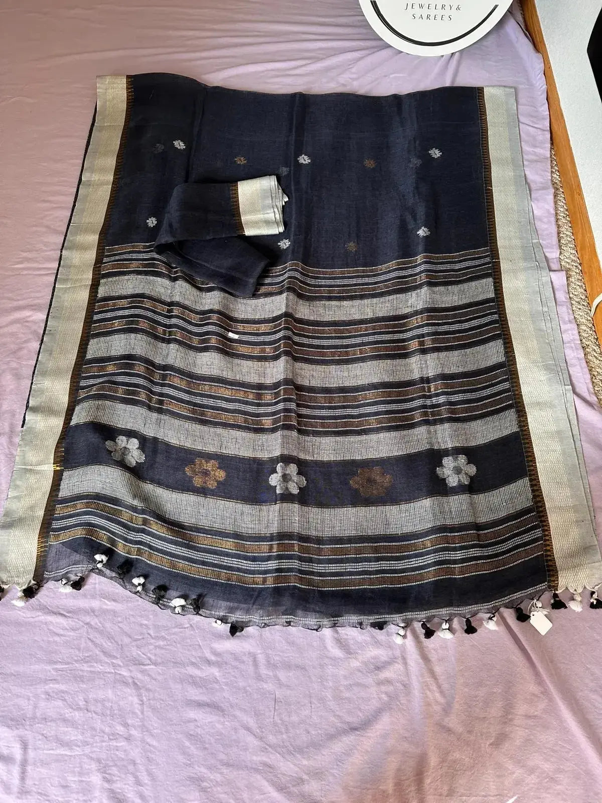 Linen Banarsi hand weave Blue - Deepika's Adornments
