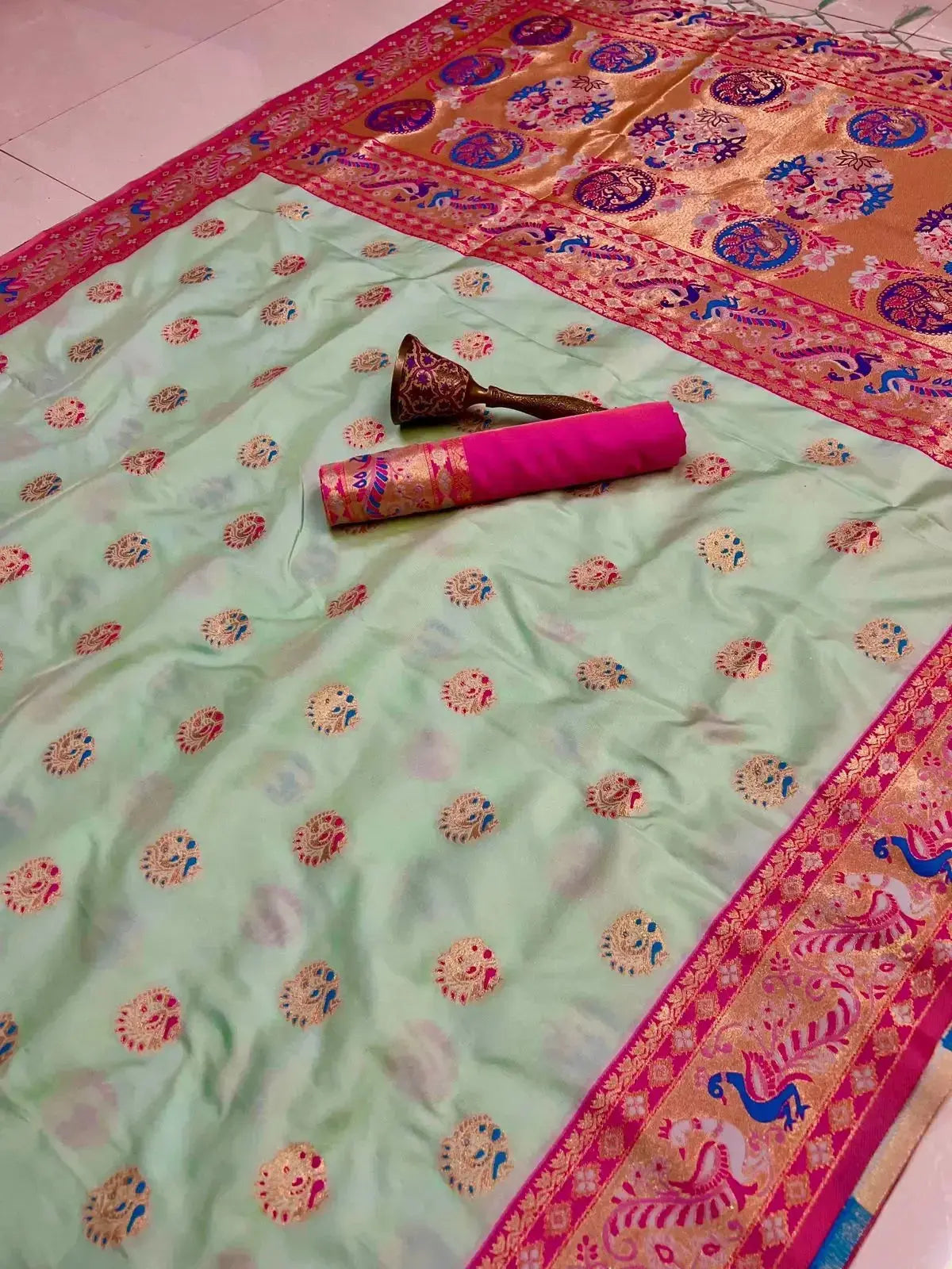 Peacock Piathini Saree with Pista and Majenta contrast border - Deepika's Adornments