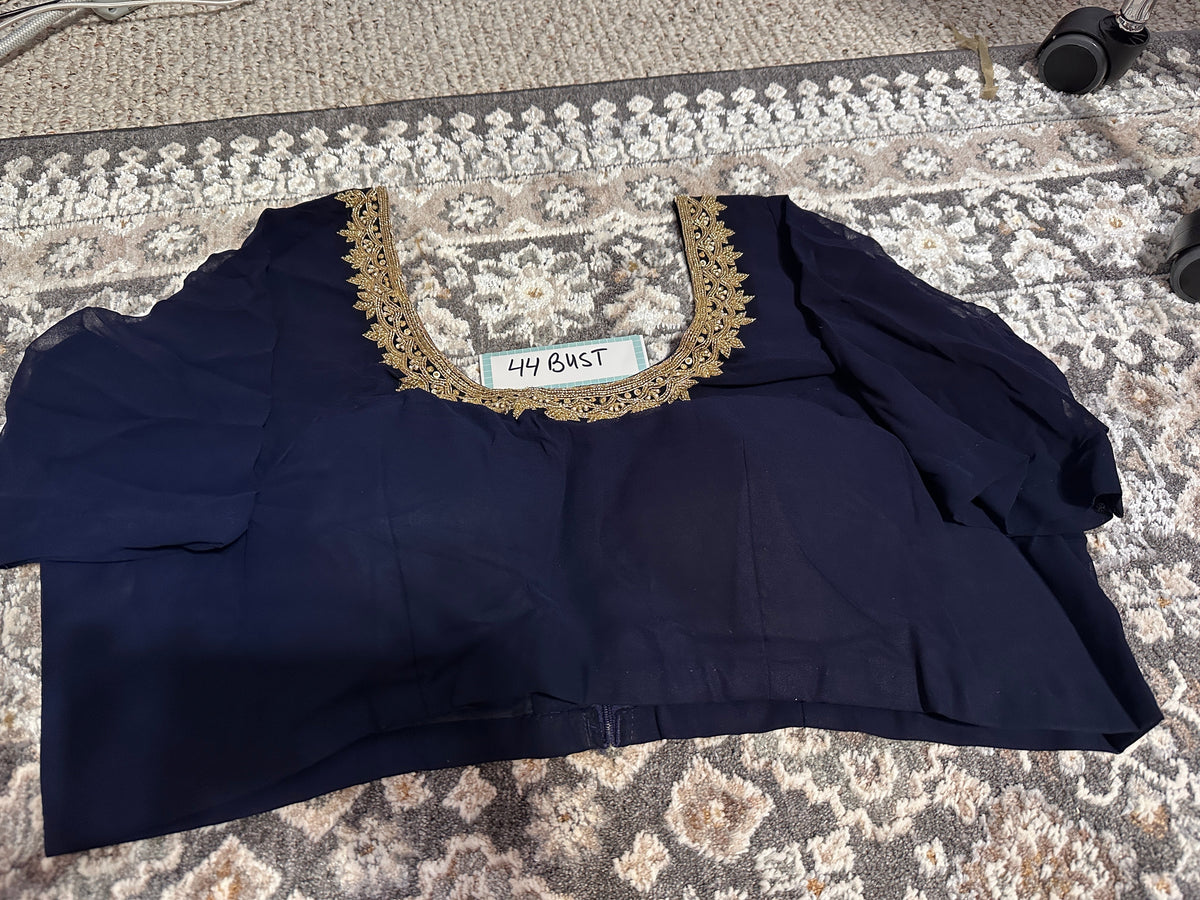 Navy Blue Ready-to-Wear Saree – Georgette with Moon Motif Hand Embroidery & Designer Blouse Maha Collection