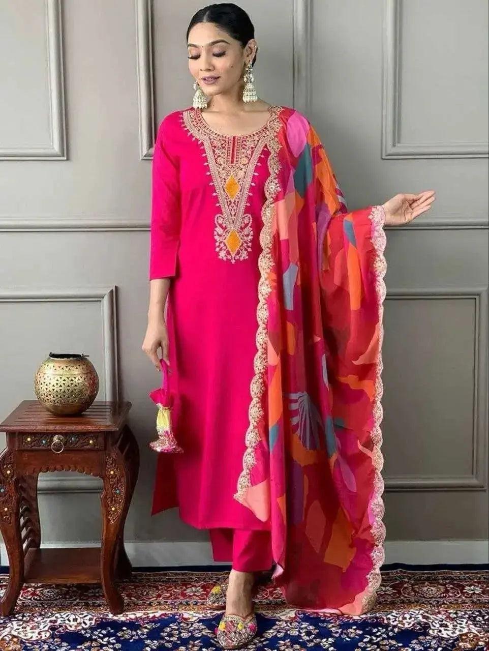 Heavy Roman Silk Suit-Majenta - Deepika's Adornments model showing full suit