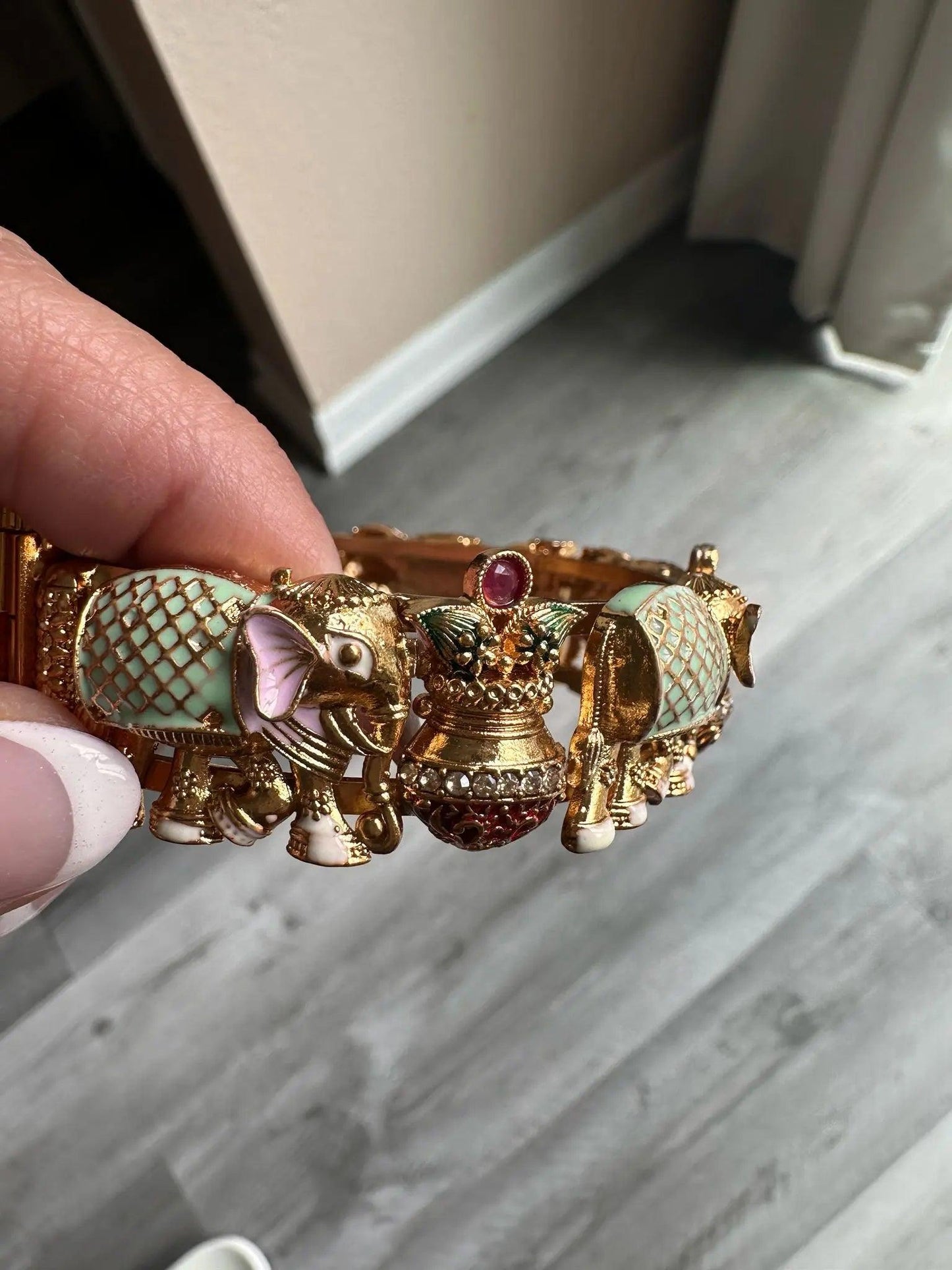 Elephant Kalash Temple Bangle Set of 2 | Mint Enamel Ruby Gold Polish | Indian Bridal Openable Kada Nikhar Jewelry